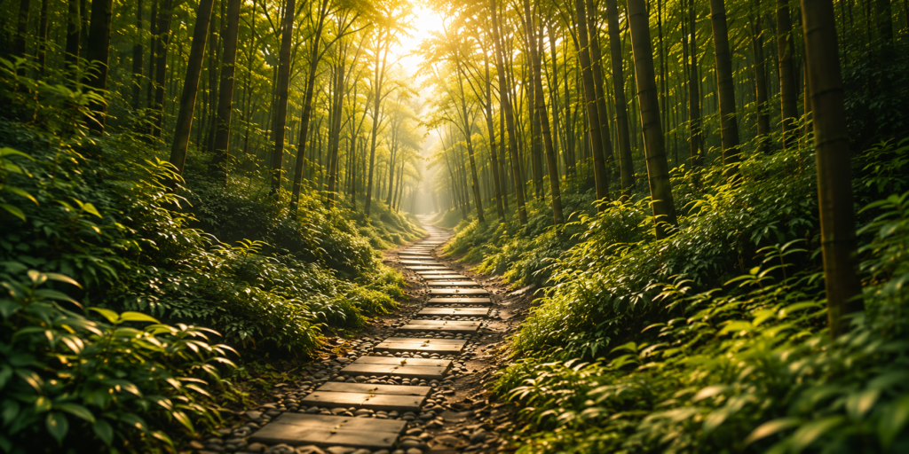 Sentier lumineux à travers une forêt, symbole du chemin vers le changement