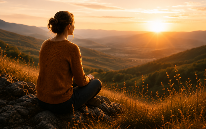 Femme apaisée en méditation face à un coucher de soleil sur les collines d’Ardèche