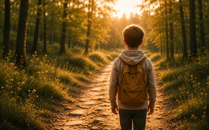 Enfant en chemin sur un sentier de forêt au soleil couchant